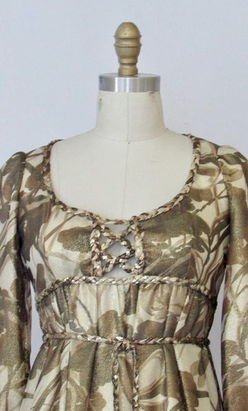 GOLDEN RENAISSANCE 1960s Floral Gold Metallic Empire Waist Maxi Gown, Size Small