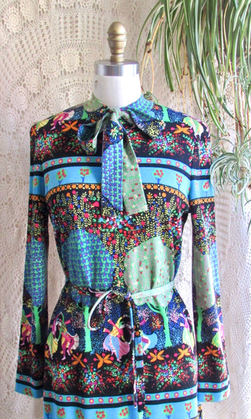 GOLDWORM 70s Italian Wool Knit East Indian Dancers Print Dress, Size Small