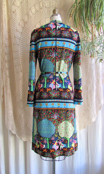 GOLDWORM 70s Italian Wool Knit East Indian Dancers Print Dress, Size Small