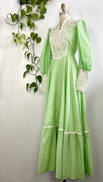 PRAIRIE TALE Vintage 70s Gingham Granny Dress, Size Small