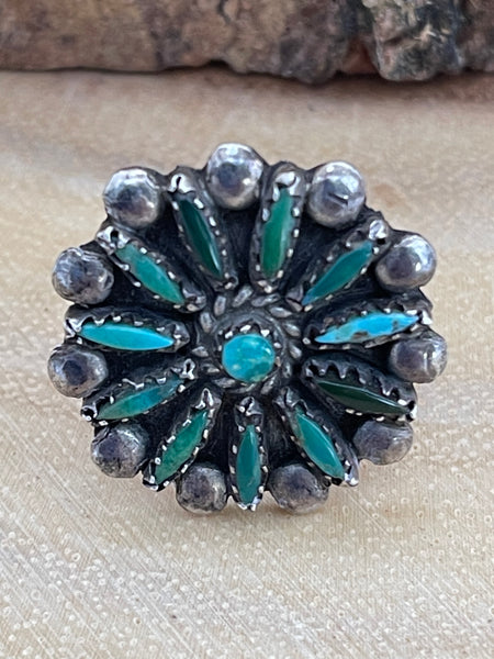 NEEDLEPOINT Zuni Cluster 30s - 50s Turquoise & Silver Ring, Size 8