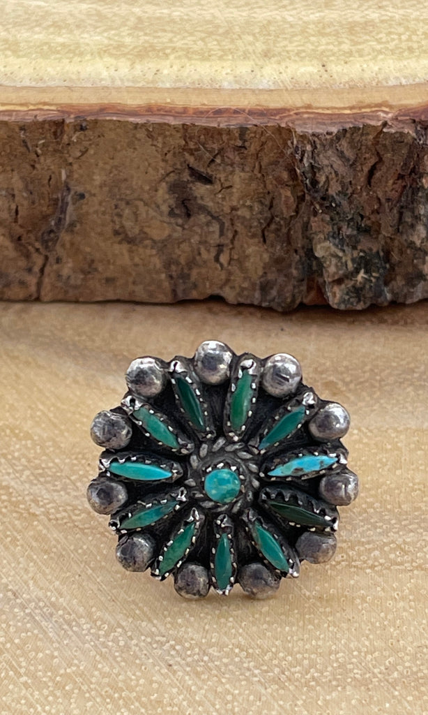 NEEDLEPOINT Zuni Cluster 30s - 50s Turquoise & Silver Ring, Size 8
