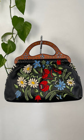 ISABELLA FIORE Black Embroidered and Jeweled Leather Purse