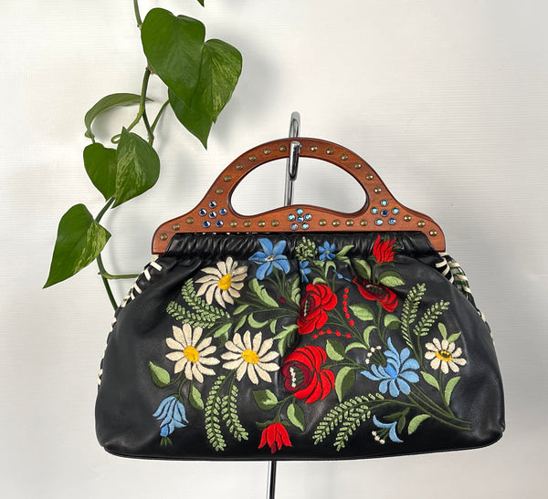 ISABELLA FIORE Black Embroidered and Jeweled Leather Purse