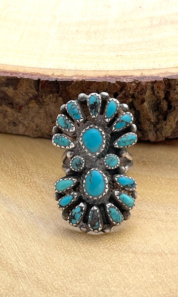 ZUNI 30s 40s Petit Point Cluster Turquoise & Silver Ring, AA Hallmark, Size 7