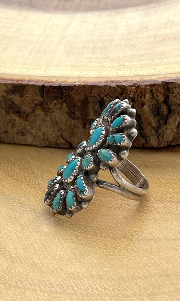 ZUNI 30s 40s Petit Point Cluster Turquoise & Silver Ring, AA Hallmark, Size 7