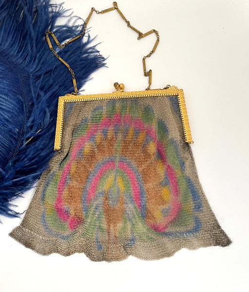 WHITING AND DAVIS Antique 20s Dresden Mesh Bag with Peacock Moti