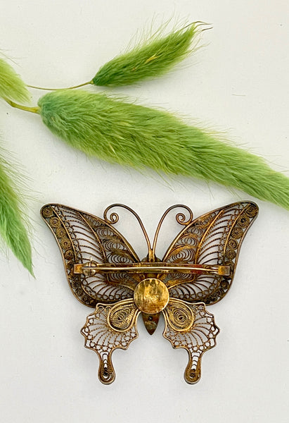 BUTTERFLY EFFECT 30s / 40s Chinese Silver Gold Plated Filigree Enamel Brooch