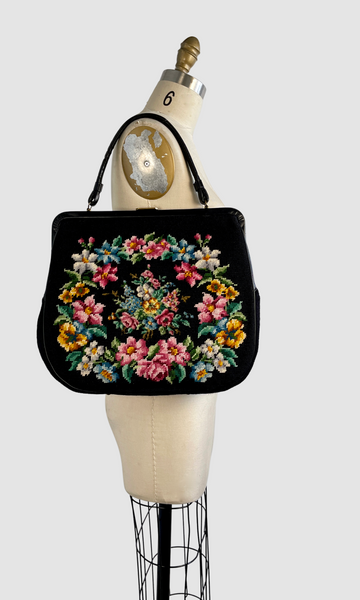 CRAFTWORKS 50s Large Black Floral Needlepoint Purse