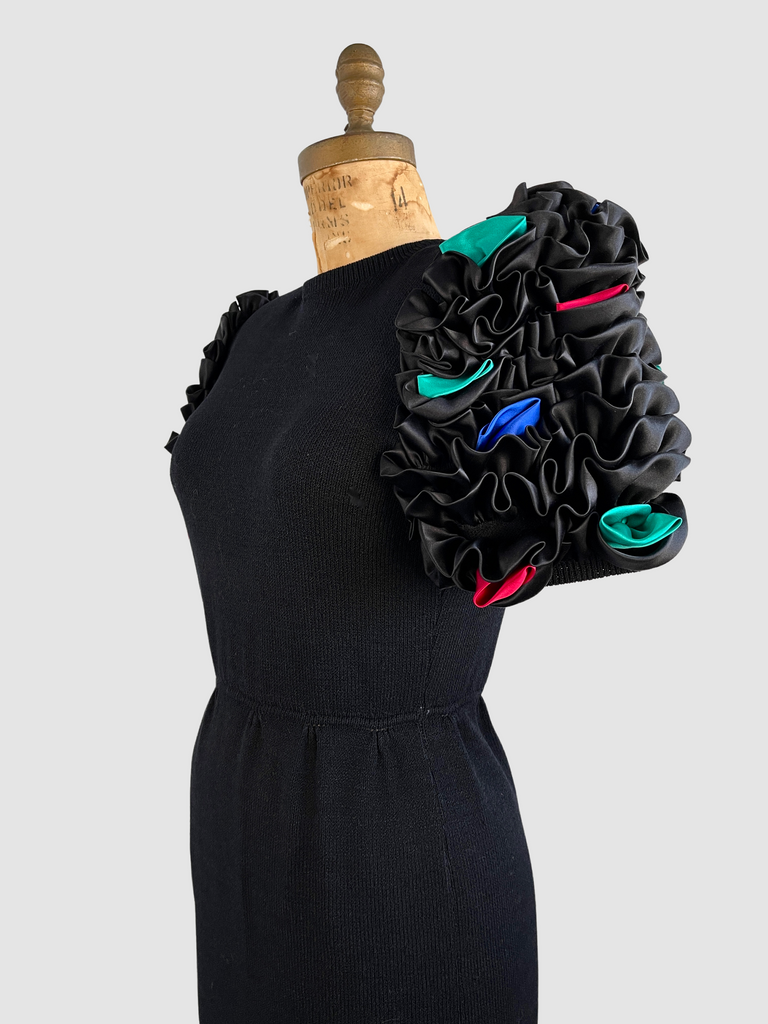ST. JOHN By Marie Gray Vintage 80s Knit Dress with Puffy Sleeves, Small Medium ST. JOHN By Marie Gray Vintage 80s Knit Dress with Puffy Sleeves, Small Medium