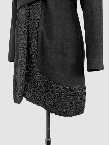COAT CHECK 30s Black Wool Boucle and Persian Lamb Fur Coat, Small