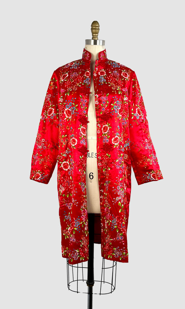 PLUM BLOSSOMS 70s Red Silk Satin Embroidered Asian Coat, Size Small