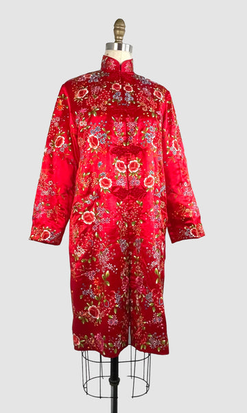 PLUM BLOSSOMS 70s Red Silk Satin Embroidered Asian Coat, Size Small