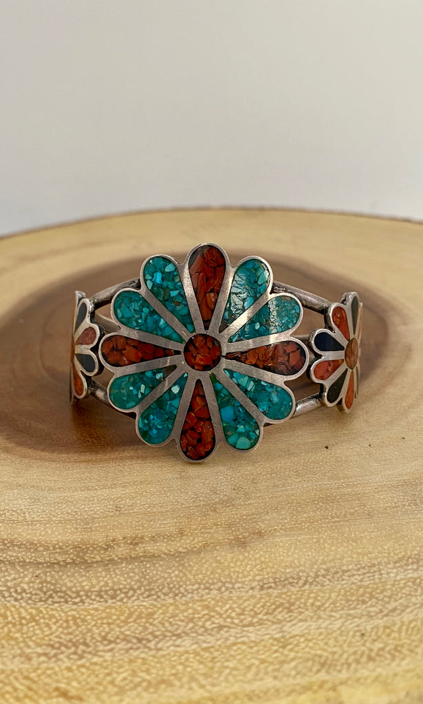 FLORAL FUN Vintage Sterling Silver Cuff with Turquoise, Coral, and Jet Inlay