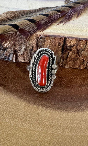 Vintage Sterling Silver & Coral Ring, Size 7 1/4
