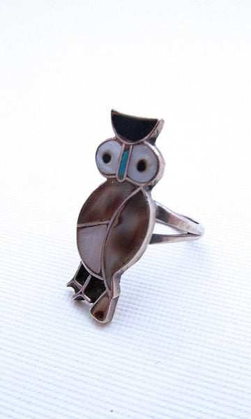 OWL LOVE 70s Zuni Native American Silver Shell Ring, Size 4