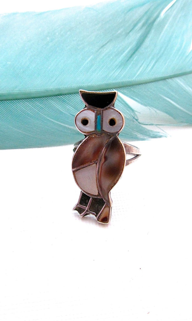 OWL LOVE 70s Zuni Native American Silver Shell Ring, Size 4