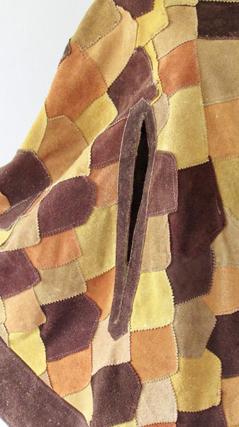 QUEEN OF CAPES 1970s Hippie Patchwork Suede Leather Poncho, Size Med/Lg