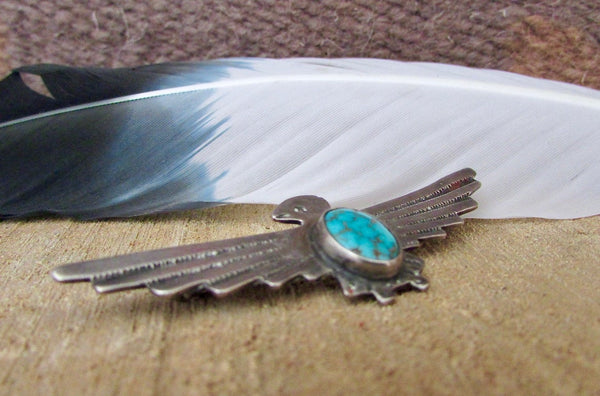 FRED HARVEY ERA Vintage 30s Silver and Turquoise Thunderbird Brooch
