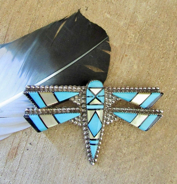 E MARTINEZ Zuni Silver Inlay Turquoise Dragonfly Brooch / Pendant