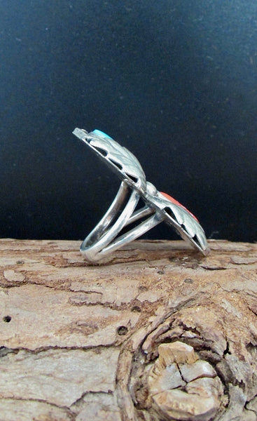 DOUBLE DECKER Navajo 60s 70s Silver Coral & Turquoise Ring Size 4 1/4