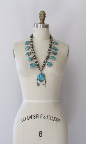 CHIMNEY BUTTE Navajo Silver and Turquoise Squash Blossom Necklace