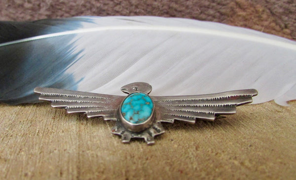 FRED HARVEY ERA Vintage 30s Silver and Turquoise Thunderbird Brooch