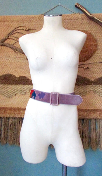 HOMESTEADER 60s Purple Applique Suede Hippie Belt, Small Medium