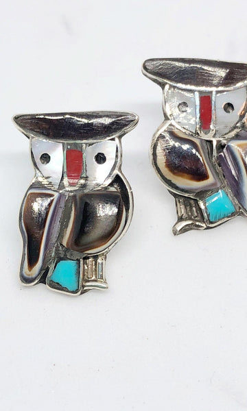OWL LOVE Vintage 70s Silver Inlay Earrings, Zuni Style