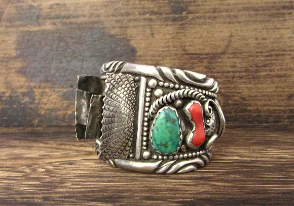NELSON EMERSON 70s Navajo Large Silver & Turquoise Watch Cuff