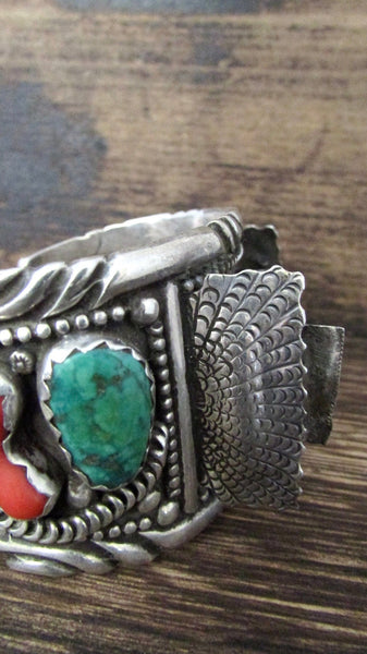 NELSON EMERSON 70s Navajo Large Silver & Turquoise Watch Cuff
