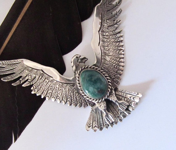 ROBERT KELLY Navajo Flying Eagle Silver & Turquoise Necklace, Mystical Bird