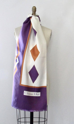 CHRISTIAN DIOR 70s Purple Diamond Print Silk Scarf, Made in France
