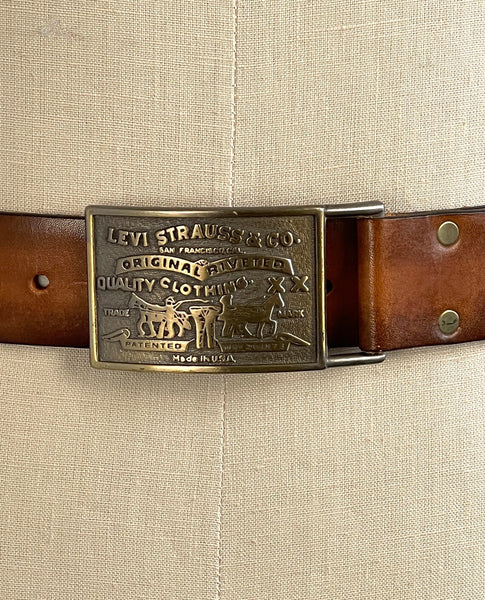 LEVIS STRAUS 70s Leather Belt with Bronze Buckle, Size 34"