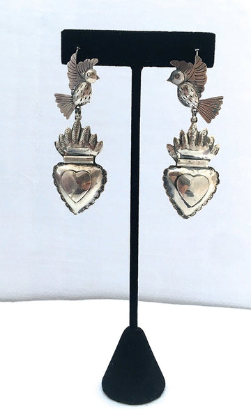 HEARTS ON FIRE Handcrafted Silver Birds and Sacred Heart Earrings by Federico Jimenez