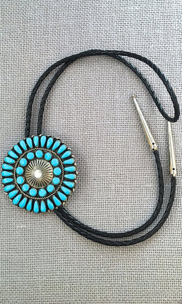 HERE COMES THE SUN Petit Point Sleeping Beauty Turquoise & Silver Bolo Tie