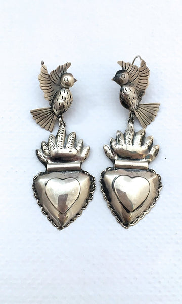 HEARTS ON FIRE Handcrafted Silver Birds and Sacred Heart Earrings by Federico Jimenez