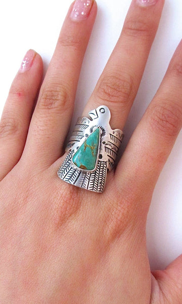 RUSSELL SAM Thunderbird Silver and Turquoise Ring, Sz 8 1/4