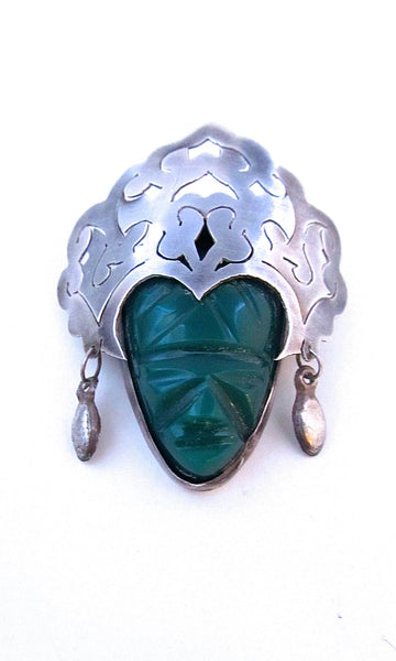 TRIBAL RULES 1950s Mexican Silver & Green Onyx Aztec Face Mask Brooch