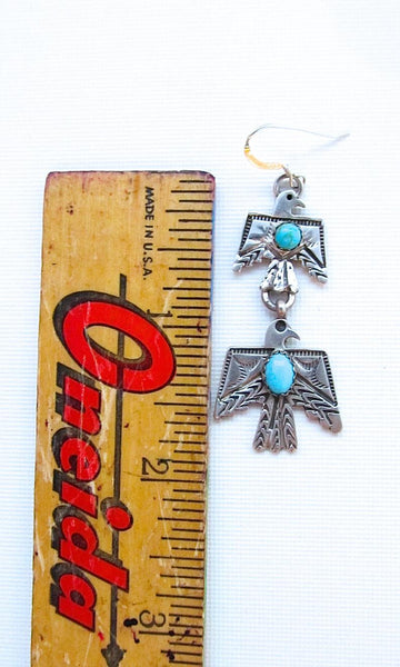 FRED HARVEY Era Style Silver & Turquoise Thunderbird Earrings