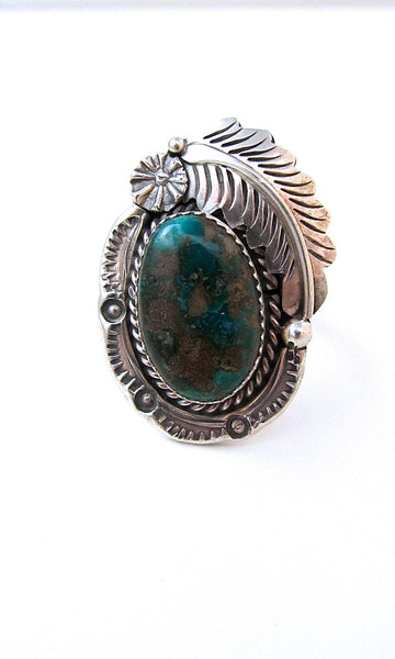 FEATHERED FRIEND 1970s Sterling Silver & Turquoise Statement Ring, Sz 7 1/2