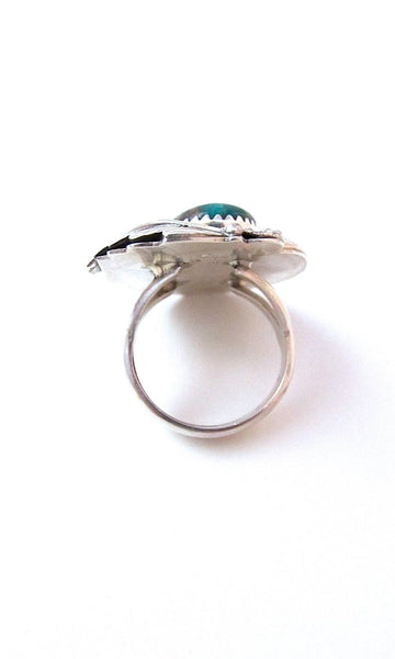 FEATHERED FRIEND 1970s Sterling Silver & Turquoise Statement Ring, Sz 7 1/2