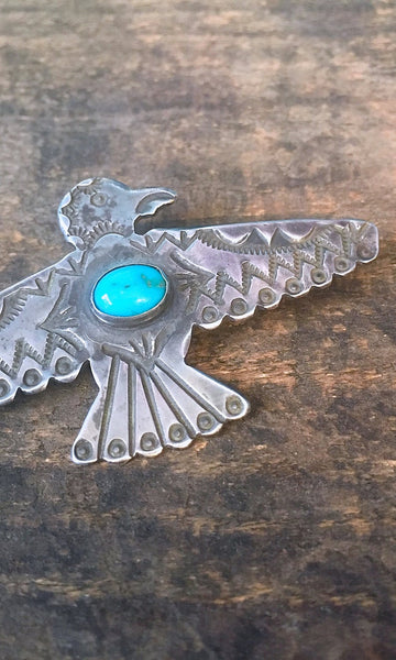 THUNDERBIRD 1940s Sterling Silver and Turquoise Bird Pin