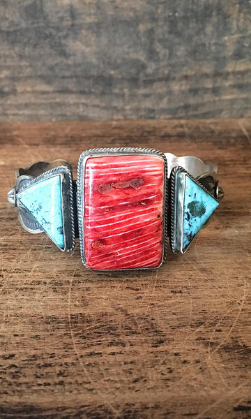 CHIMNEY BUTTE Navajo Silver Spiny Oyster and Turquoise Cuff