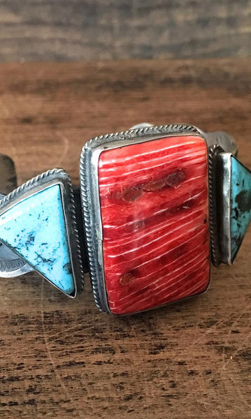CHIMNEY BUTTE Navajo Silver Spiny Oyster and Turquoise Cuff