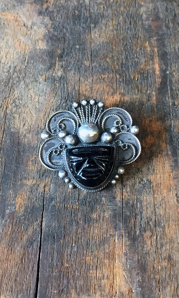 ABOUT FACE 1950s Silver and Onyx Aztec or Mayan Warrior Pin with Headdress