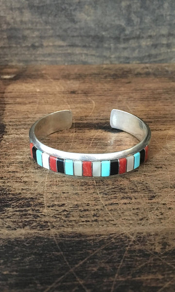 EL GASPER Zuni Turquoise, Mother of Pearl, Jet Coral Inlay Cuff