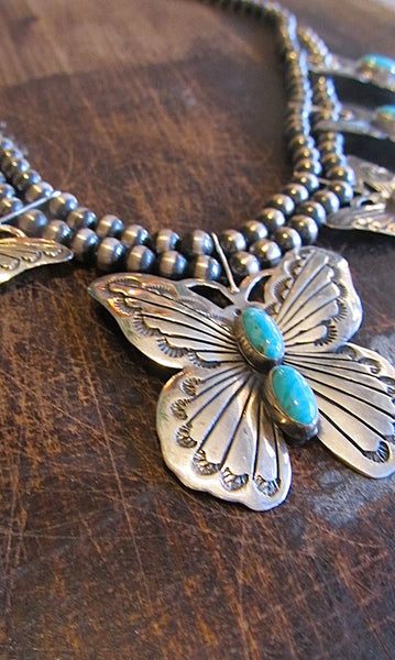 RUSSELL SAM Silver and Turquoise Navajo Butterfly Squash Blossom Necklace