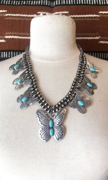 RUSSELL SAM Silver and Turquoise Navajo Butterfly Squash Blossom Necklace