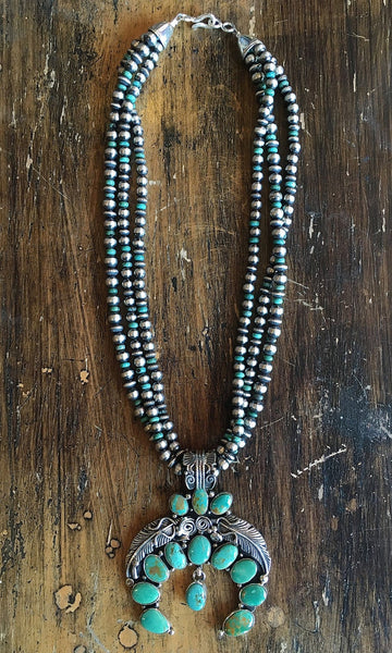 SOUTHWEST CHARMER Navajo Feather Naja Pendant on Silver & Turquoise Pearl Necklace